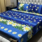 Crystal Cotton Printed Double Bed Bedsheet Set – 3 Pcs (1 Bedsheet + 2 Pillow Covers) | Soft & Durable Blue  Color