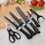 6 Pcs Stainless Steel Black Kitchen Knife Set with Bread Knife, Fillet Knife, Peeling Knife, Scissors & Peeler – Professional Sharp Cutlery Set - Image 3