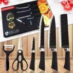 6 Pcs Stainless Steel Black Kitchen Knife Set with Bread Knife, Fillet Knife, Peeling Knife, Scissors & Peeler – Professional Sharp Cutlery Set