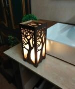 Elegant Dark Brown MDF Table Lamp with Warm Golden Light – Large Decorative Night Lamp